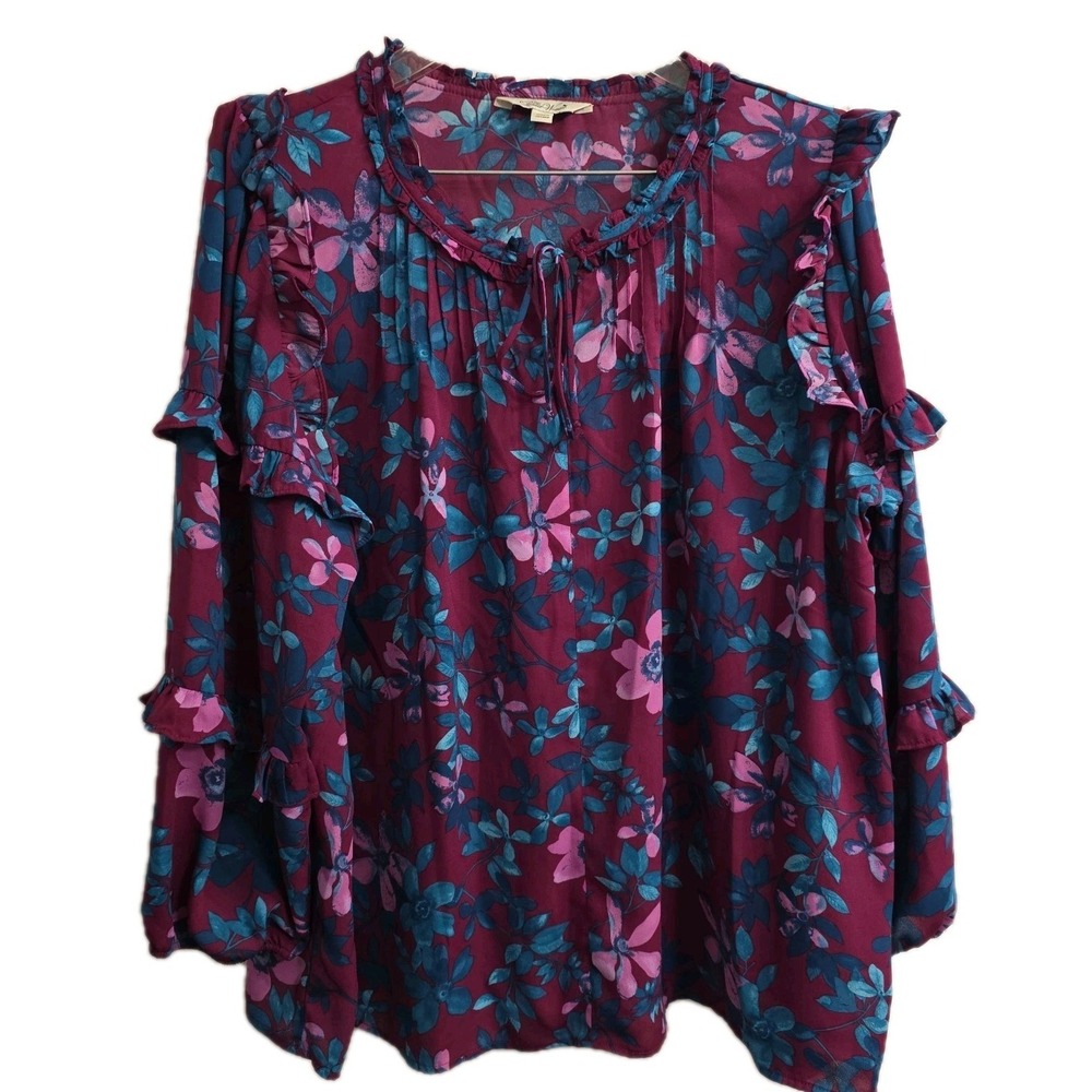 The Pioneer Woman Top Womens Size 3X Purple Blue Flowy Floral Blouse Long Sleeve